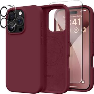 GONEZ Magnetic for iPhone 16 Pro Case, Compatible with MagSafe, [Screen Protector + Camera Lens Protector], Silicone Shockproof Anti-Scratch Protective Phone Case 6.3 inch, Maroon