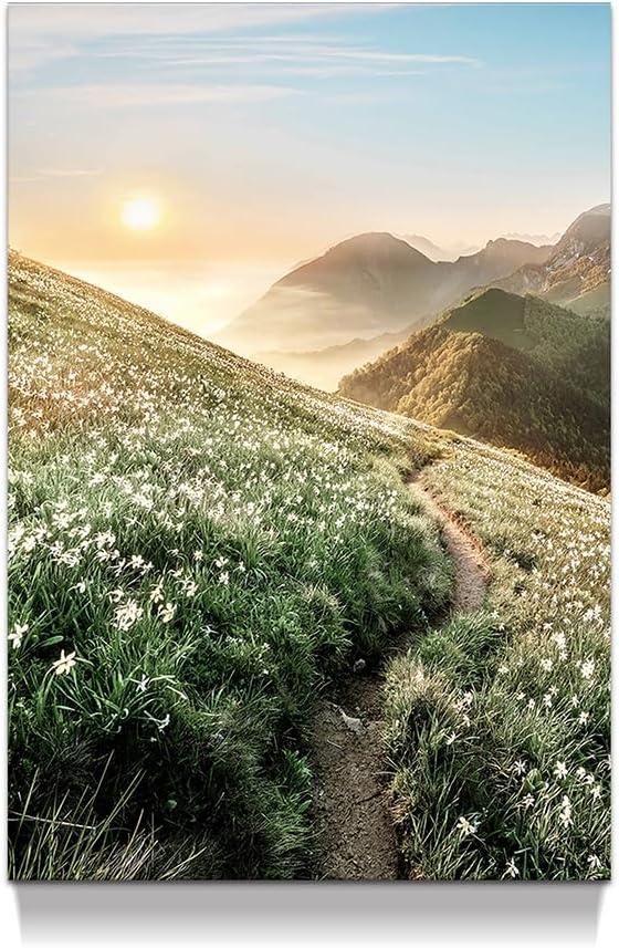 Sunrise Painting Canvas Wall Art: Vertical Great Smoky Mountains National Park Picture Green Glassland Flowers Prints Nature Landscape Artwork for Bathroom Living Room Home Office (11L" x 16W", Mountain Blossom Road)