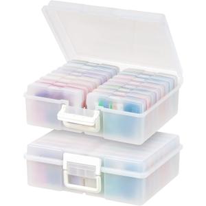 IRIS USA 4" x 6" Photo Storage Box Craft Keeper, 2-Pack, Handle Container with 16 Organization Cases for Pictures, Crafts, Scrapbooking, Stationery Storage and Organization, Pearl