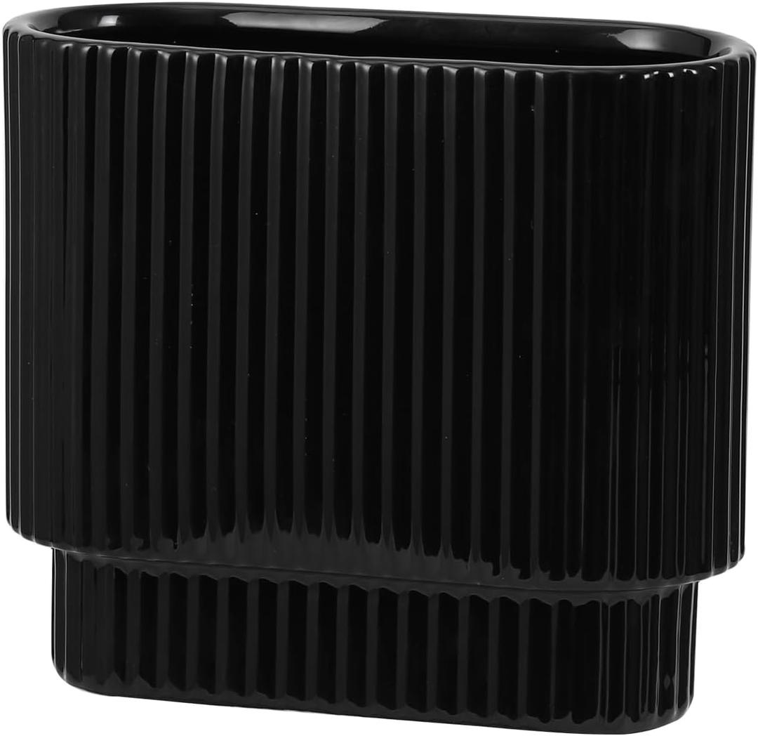 Black Ceramic Vase for Flowers, Decorative Boho Vase for Decor, Rectangle Vases for Tulips, Pampas Grass Vases for Living Room, Office, Mantel, Wedding, Dining Table, 7 Inches