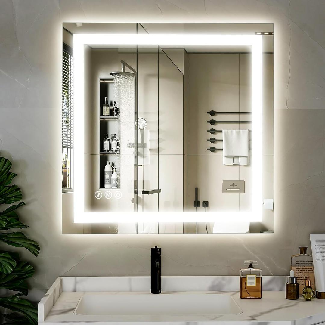 XRAMFY 40"x 40" LED Bathroom Mirror, Backlit + Front Lit, LED Bathroom Mirror with Lights for Wall, 3 Colors, Anti-Fog, Dimmable Brightness, Tempered Glass