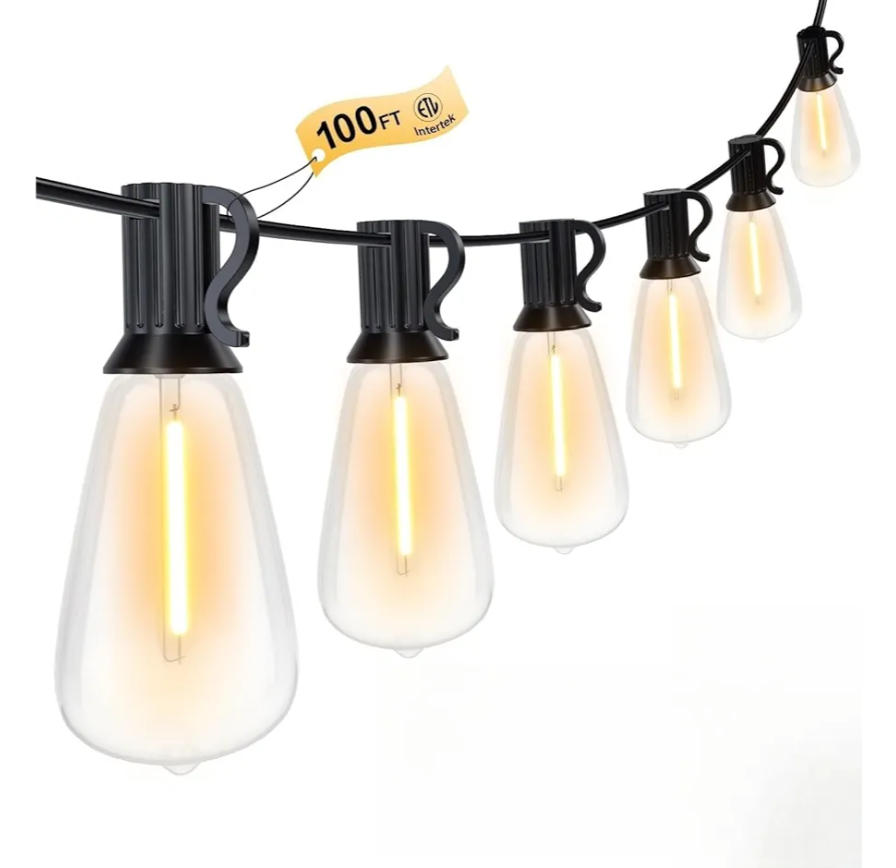 Brightever LED Outdoor String Lights 100FT Patio Lights with 52 Shatterproof ST38 Vintage Edison Bulbs, Outside Hanging Light Waterproof for Porch, Deck, Garden, Backyard, Balcony, 2700K Dimmable