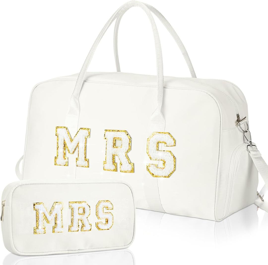 2 Pcs Wedding Weekender Bag Bride Groom Duffle Bag Chenille Letter Patch Travel for Bridal Shower Honeymoon Gift(Mrs,White)