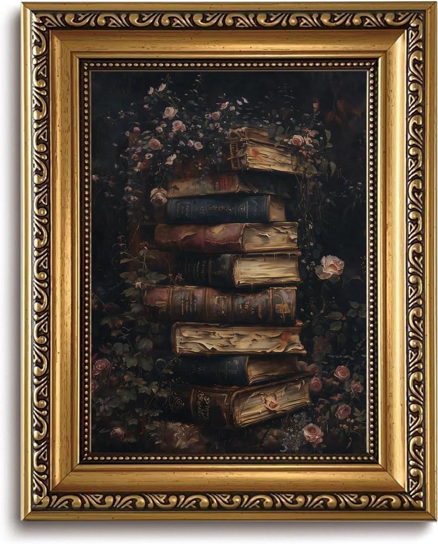 Vintage Gold Framed Wall Art - Dark Academia Decor Vintage Floral Wall Art Moody Flower Book Canvas Prints Cottagecore Aesthetic Pictures Painting Artwork for Living Room Bedroom 8x10in