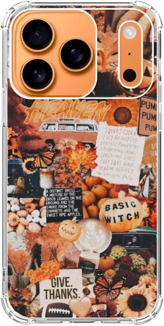 Autumn Collage Pumpkin Witch Halloween Phone Case Compatible with iPhone 17 Pro Max, Retro Aesthetic Fall Phone Cover for iPhone 17 Pro Max