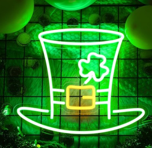 Threan St. Patrick's Day Neon Signs Hat Clover Lights Decoration LED Green Lucky Hat Neon Shamrock Light USB Wall Bar Living Room Decor for Window Spring Party Home Bedroom Art Gift,13.78 x 11.81 Inch