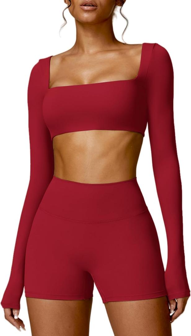 ABOCIW Women Square Neck Long Sleeve Workout Crop Top Low, Medium Impact Athletic Yoga Gym Shirts with Built in Bra(ONLY TOP) (Cherry Red)