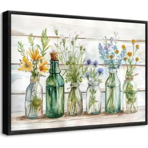 Green Bathroom Canvas Wall Art, Vintage Rustic Farmhouse Botanical Wall Decor, Glass Bottle Watercolor Floral Painting, Sage Green Plant Picture for Bathroom Laundry Room Decor 16x24 inch Frame