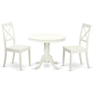 East West Furniture ANBO3-LWH-W 3 Piece Kitchen Table & Chairs Set Contains a Round Dining Room Table with Pedestal and 2 Solid Wood Seat Chairs, 36x36 Inch, Linen White