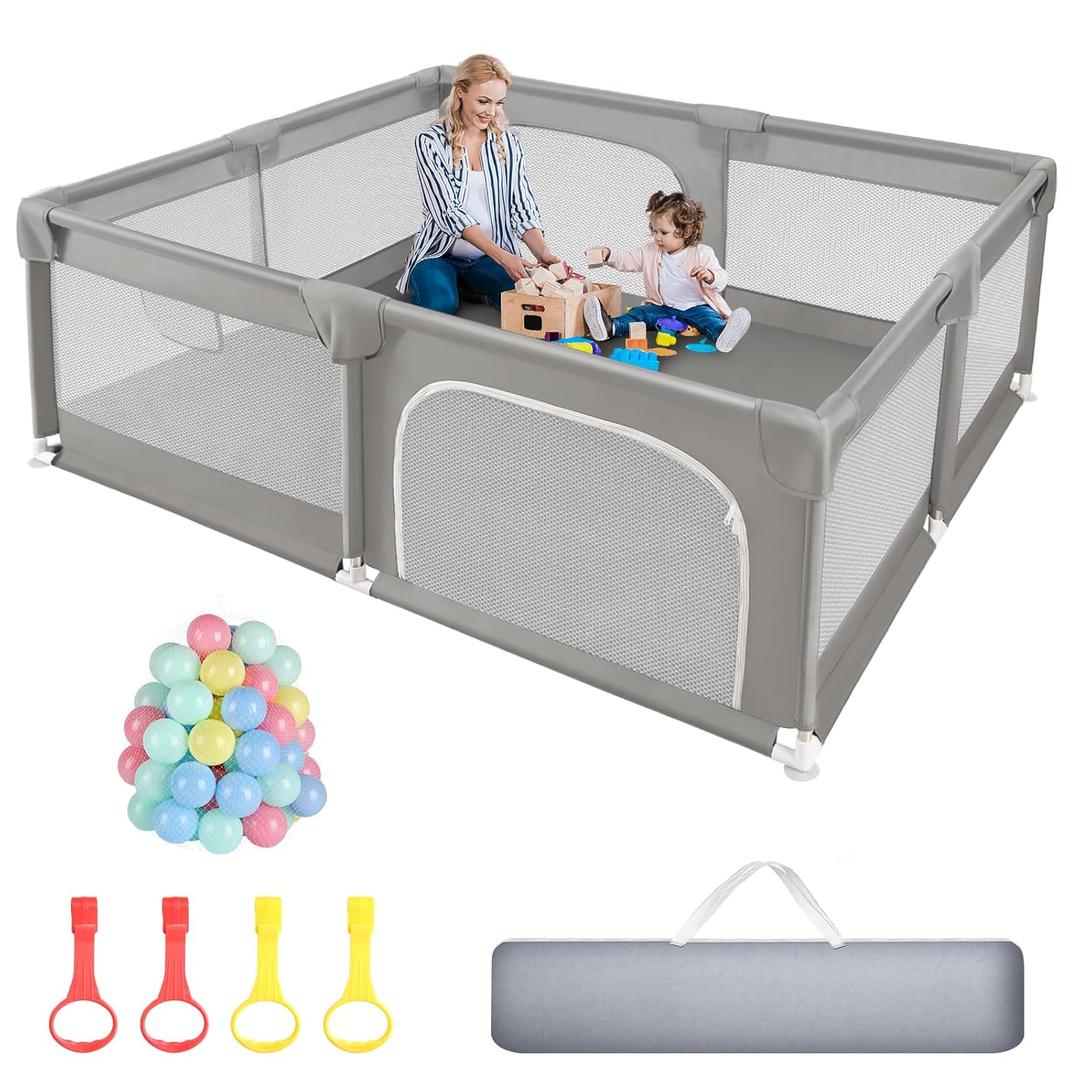 Sour Lemon Baby Playpen 79x71 inch Extra Large Playpen for Babies and Toddlers, Baby Fence Play Pen Yard with Safety Gate Fence with 50 Ocean Balls 4 Pull Rings for Kids Indoor Outdoor (Light Grey)