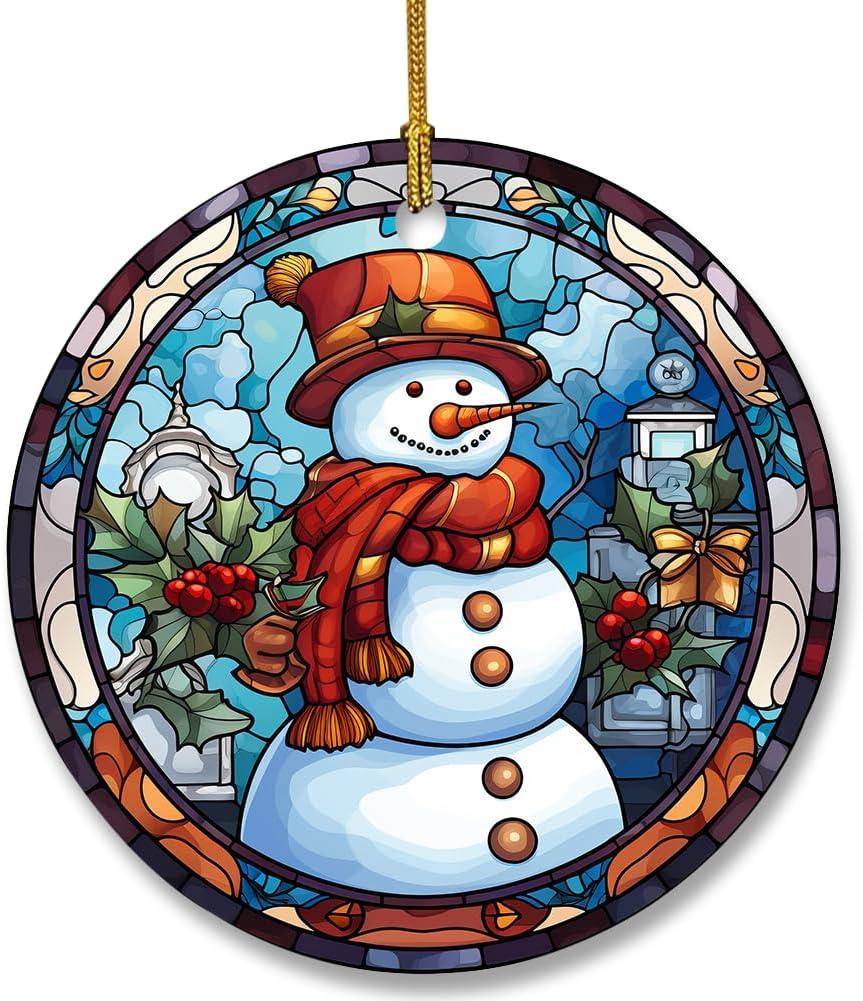 cvjutf Vintage Winter Christmas Snowman Ceramic Ornaments Decor, Rustic Stained Glass Style Snow Christmas Tree Haning Ornaments Decorations for Teen Kids, Snowman Gifts for Women Men, 3x3 Inch