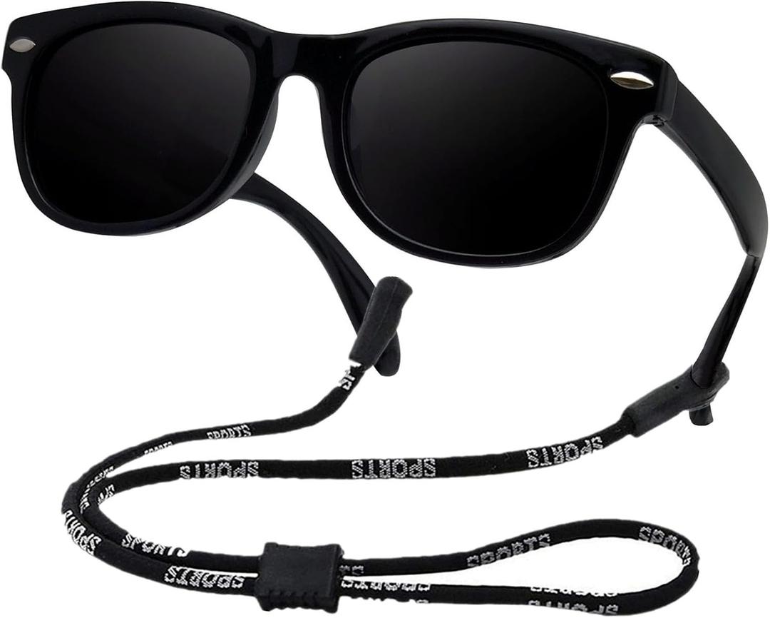 Kids Flexible Polarized Sunglasses for Boys Girls with Strap Age 3-10 Years Old (Black) 