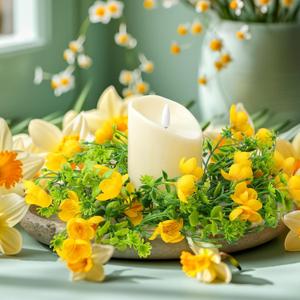 2 Pcs Spring Summer Faux Primrose Flowers Candle Rings Artificial Silk Yellow Flower Farmhouse Wreaths for Pillar 3.9 Inch Candles Holder for Spring Summer Rustic Table Centerpiece Decor