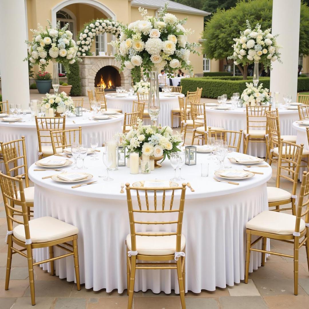 leegleri 6 Pack Spandex White Round Tablecloths for 72in Table, Stretchy 132inch Fitted 6FT Round Table Cloths, Wrinkle Free Table Cover with Skirt for Wedding Birthday Party Bridal Shower Banquet