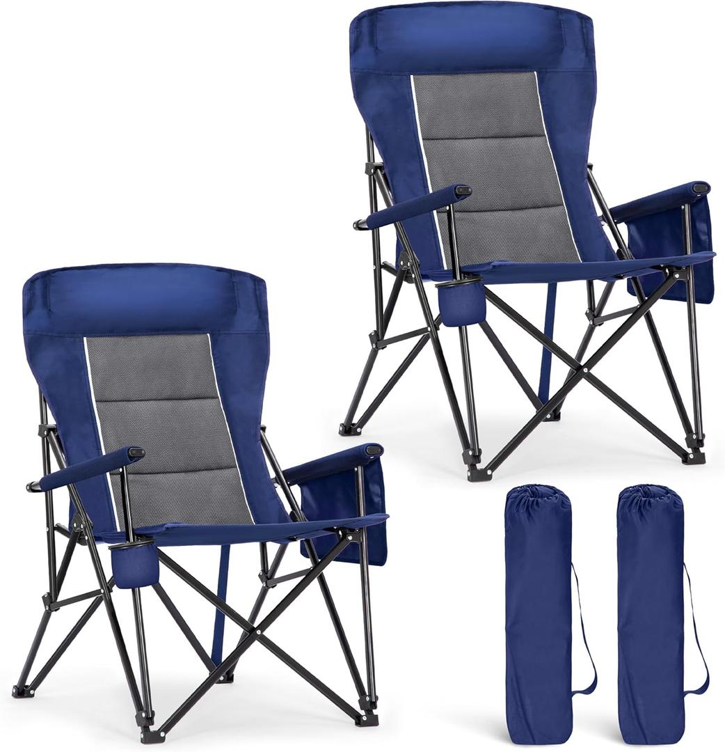 ALPHA CAMP Heavy Duty Camping Chairs with Cup Holder Oversized Folding Chair 500LBS Capacity Outdoor Chair with Headrest,Lawn with Side Pocket for Lawn, Sports and Fishing
