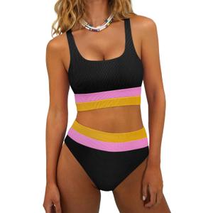 ANRABESS Bikini Sets for Women Summer 2026 High Waisted 2 Piece Bathing Suit Tummy Control Swimsuit Color Block Swimwear, Size Large 