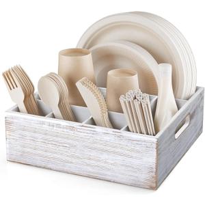 ALELION Rustic White Utensil Holder for Party - Paper Plate Organizer for Countertop - Silverware Caddy with 6 Compartments for Plate Cup Fork Spoon - Cutlery Holder for Camping Buffet