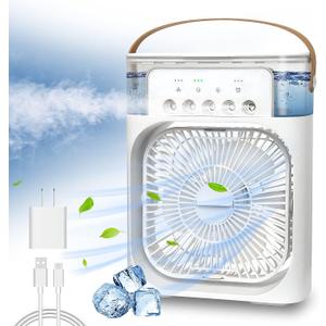 Portable Air Conditioner Fan, Mini Evaporative Air Cooler with 7 Colors LED Light, 1/2/3 H Timer, 3 Wind Speeds and 3 Spray Modes for Your Desk, Nightstand, or Coffee Table