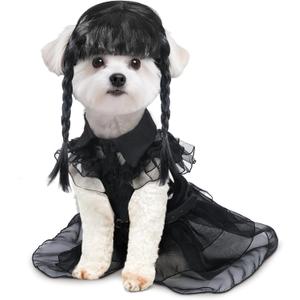 Coume 3 Pcs Halloween Dog Costumes for Dog with Belt and Wig Black Cute Pet Costume Dress for Puppy Dogs Cats Cosplay Halloween Birthday Party Outfit(M)