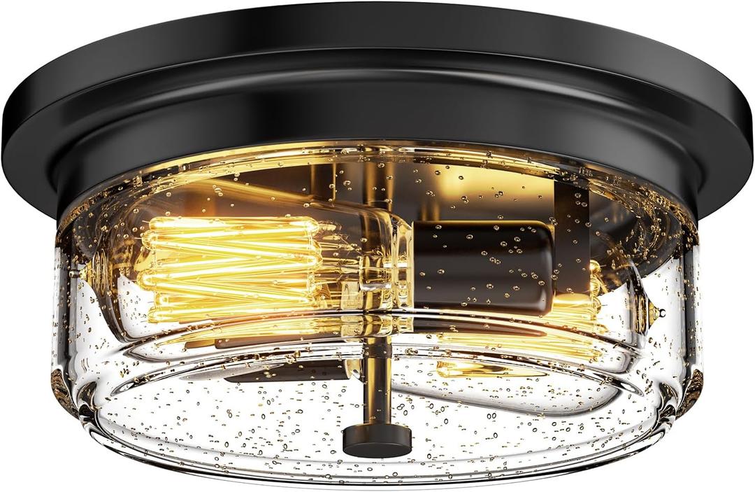 Black Flush Mount Ceiling Light Fixtures, 2-Light Ceiling Mount for Farmhouse with Seeded Glass Lampshade, Industrial Flush Mount Light Fixture Farmhouse for Hallway, Kitchen, Entryway and Foyer