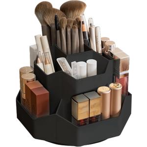360 Rotating Black Makeup Brush Holder Organizer with 9 Slots, Makeup Organizers Countertop, Makeup organization and Skincare Storage for Vanity, Desktop, Bathroom (Black)