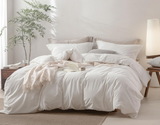Linen Feel Off White Duvet Cover California King Size 104'' W x 98'' L, Percale 100% Washed Cotton Duvet Cover with Zipper Closure Plus 2 Pillowcases, Oeko TEX Standard 100 Certificated
