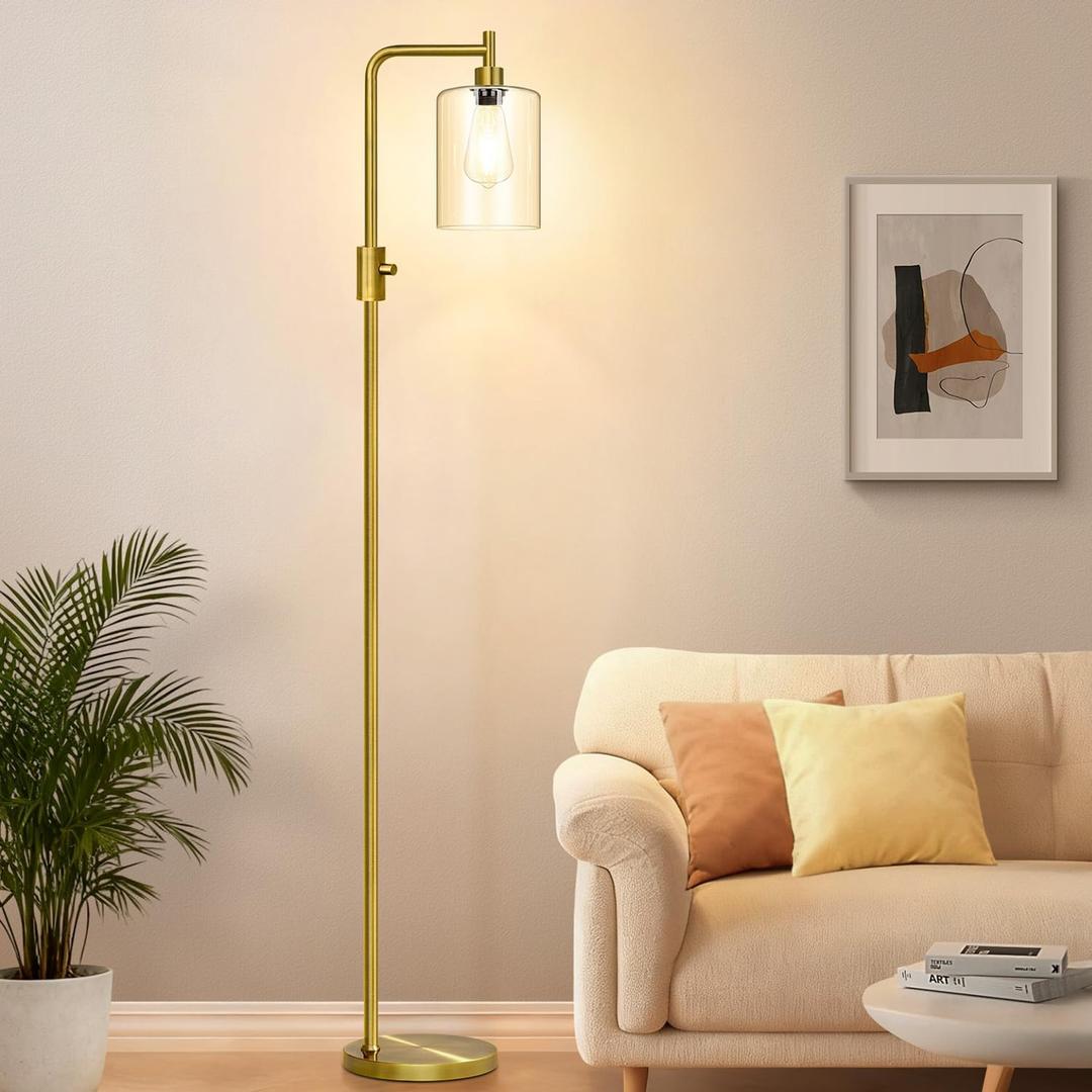 【Upgraded】Dimmable Floor Lamp for Living Room with Clear Glass Lampshade, Brass Modern Floor Lamp with 900LM Edison Bulb Included, Bright Standing Tall Lamp for Bedroom, Office, Reading Room, Corner