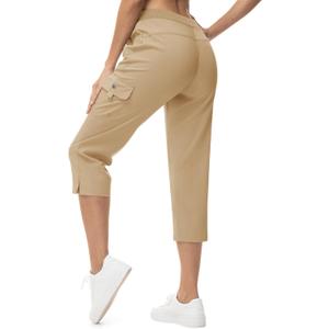 TBMPOY Women's Capri Pants Lightweight Quick Dry Hiking Cargo Pockets Casual Water Resistant Travel Cropped Cotton (Large, Khaki)