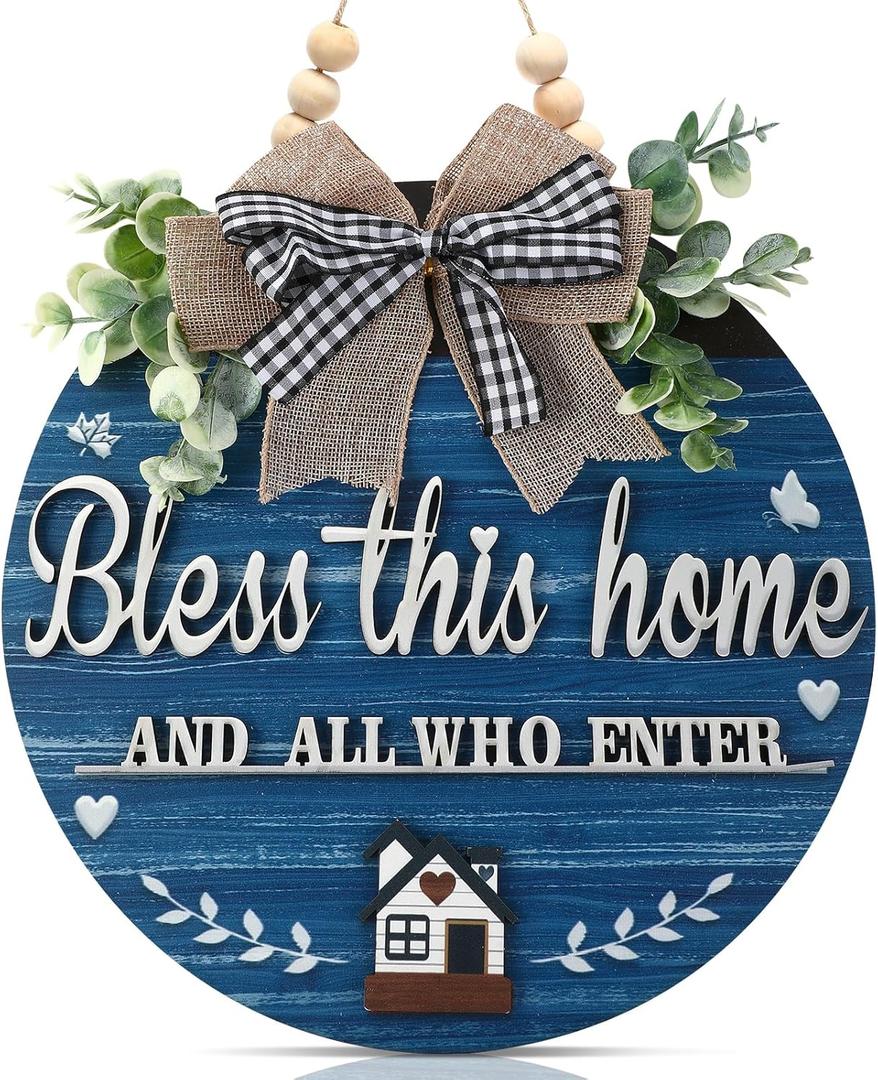3D Bless This Home and All Who Enter Wooden Front Door SignsDoor Decorations Hanging,Christian Jesus Home Porch Wall DecorSpring WreathsDoor Wreaths for Front Door Outside All SeasonBlue