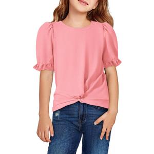 Yousify Girls Shirts Summer Cute Short Sleeve Basic Tops Twist Front Casual Ruffle Plain Round Neck Tee Shirt Tunic Pink 7-8 Years