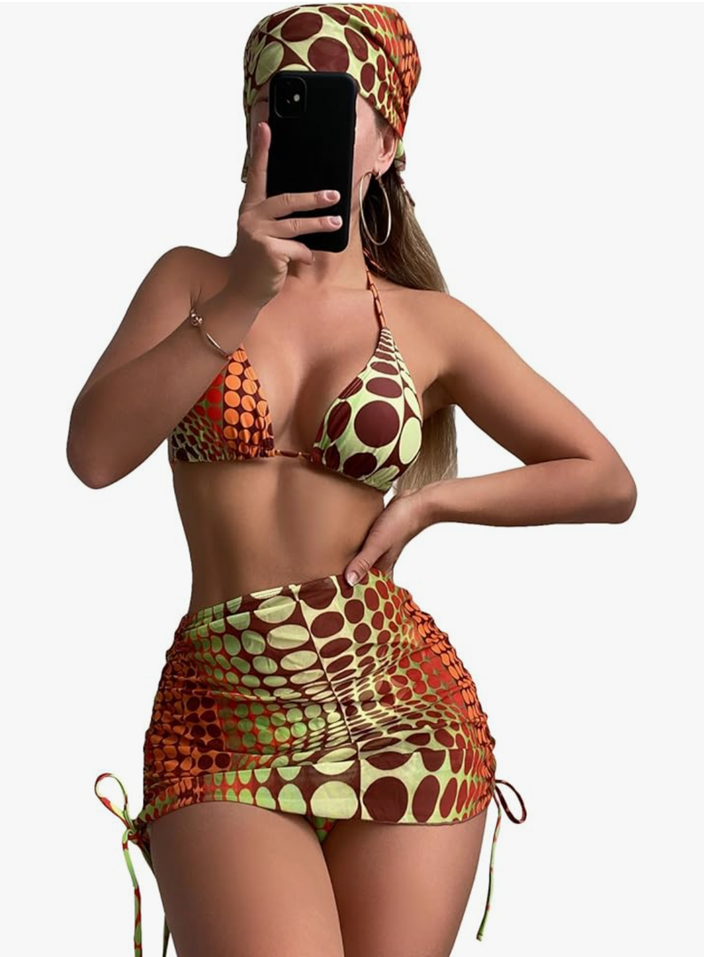 COZYEASE Women's 4 Piece Swimsuits Sexy Bikini Sets Triangle Bathing Suit with Mesh Cover Up Beach Skirt & Bandana Multicolor S