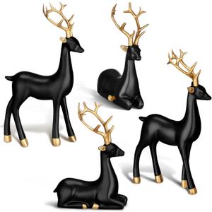 Thyle 4 Pcs Christmas Reindeer Decor Small Resin Standing Sitting Deer Figurine Mini Reindeer Christmas Table Decoration for Home Indoor Xmas Holiday Small Statue Rustic Table Decor(Black, Gold)