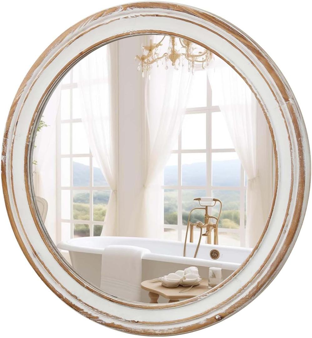 Round Wall Mirror with Distressed Wood Frame, Rustic Farmhouse Style, Ideal for Living Room, Bathroom & Bedroom Decor (31.5x31.5)