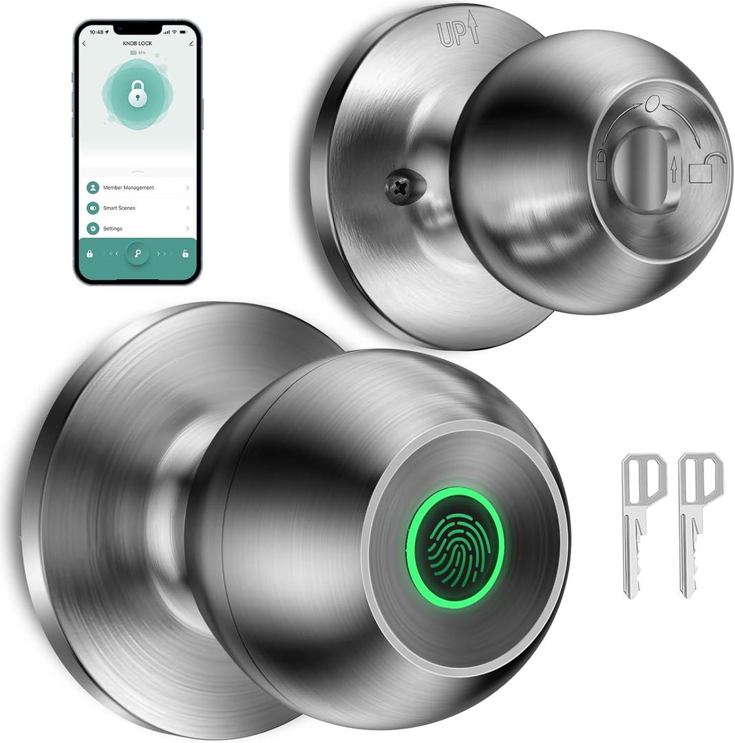 Fingerprint Door Lock， Smart Biometric Door Lock Fingerprint Door knob with App Control Suitable for Bedroom,Utility Room,Apartments Offices,Hotels(Silver)
