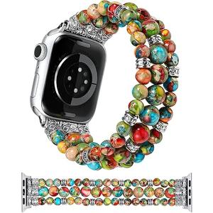 Moolia Stretch Natural Stone Strap Compatible with Apple Watch Bands 40/42/41/38mm Women, Jasper Handmade Bracelet Boho Beaded Band for iWatch Series 11 10 9 8 7 6 5 4 3 SE/Ultra 3 2 1, Vineyard Jasper