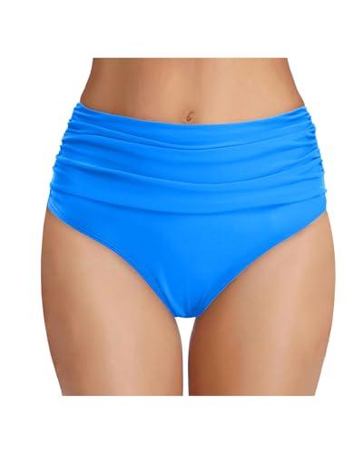 Tempt Me Women's Blue High Waisted Bikini Bottom Tummy Control Ruched Bathing Suit Swim Bottom M