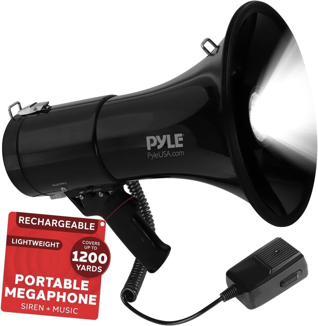 Pyle Portable Compact PA Megaphone Speaker with Alarm Siren & Adjustable Volume - 50W Handheld Lightweight Bullhorn - with Mic, AUX IN for MP3 & Rechargeable Battery - Indoor Outdoor Use - PMP561LTB