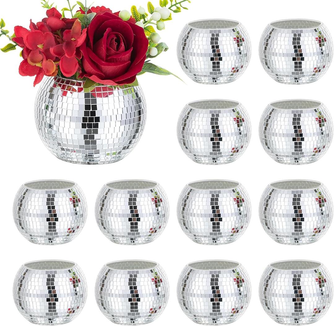 Disco Ball Vases for Table Centerpieces - Hewory 12pcs Silver Mirror Glass Planters Flower Pot Containers, Bulk Disco Balls Bowl Candle Holders for Wedding Bridal Shower Birthday Events Party Decor