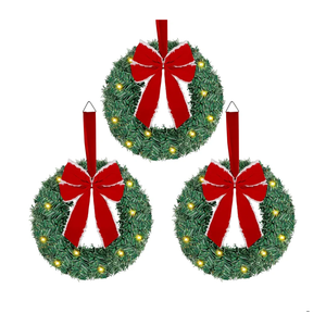 ATDAWN 3 Pack Mini Christmas Wreath, Lighted Christmas Front Door Wreath, Xmas Wreath for Holiday Christmas Party Decorations (Red Bow)