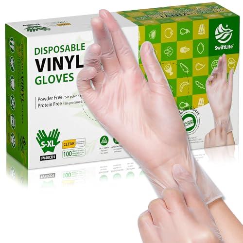 SWIFTLITE Disposable Vinyl Gloves, Food Safe, Latex-Free Powder-Free Clear Plastic Gloves for Cooking, House Clean, Food Prep (100, X-Large)