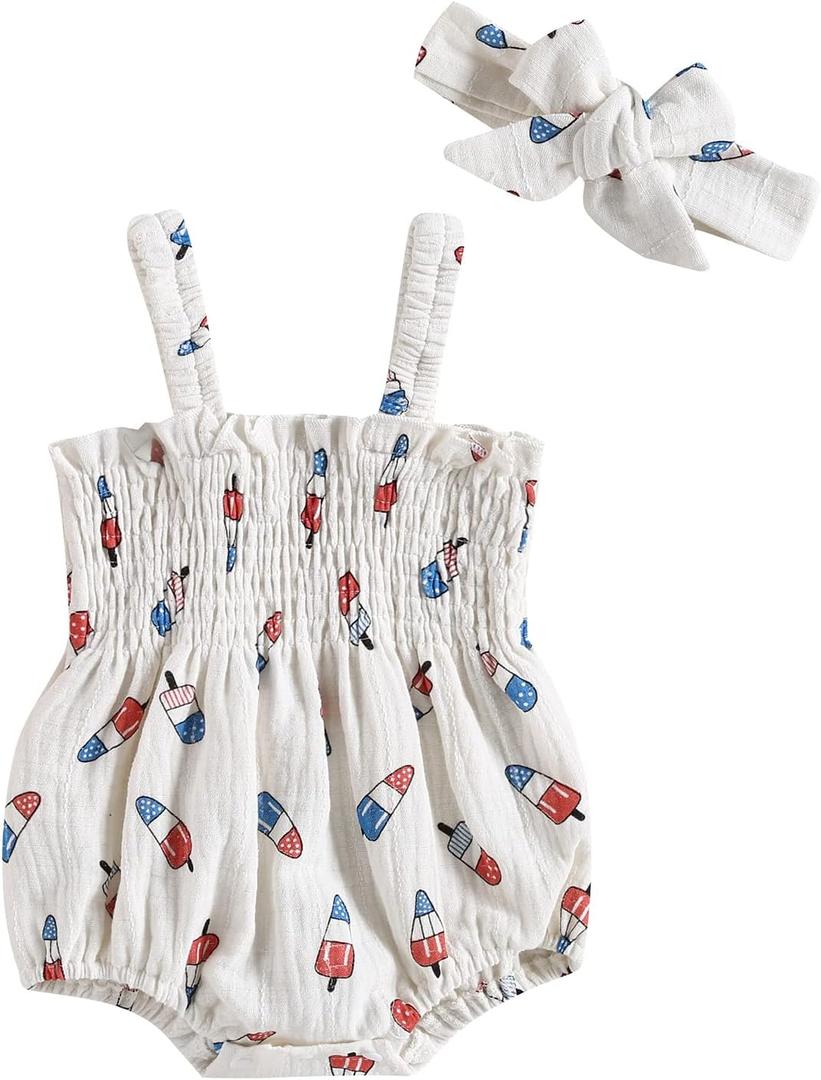 Baby Girl 4th of July Outfit Ice Cream Sleeveless Fourth of July Romper Newborn Independence Day Clothes (6-12 Months, White)