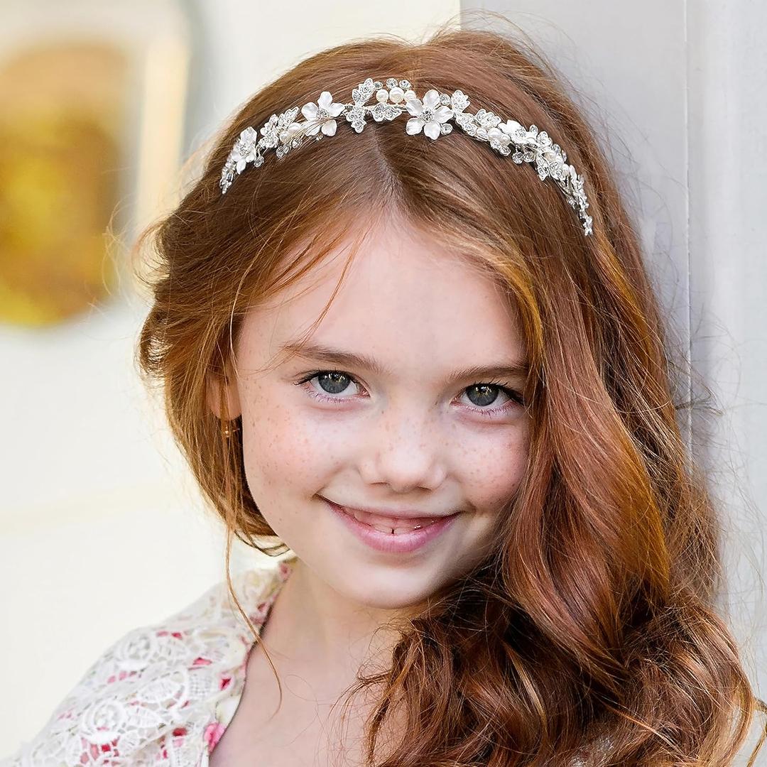 Oriamour Silver Flower Girl Headband With Crystal Rhinestone Princess Teen Girls Headpiece For Birthday, Wedding,Photography