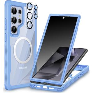 CENHUFO Magnetic Privacy for Samsung Galaxy S24 Ultra Case, Full Body Phone Case with Built-in Privacy Screen Protector and Camera Lens Cover, Anti Peep Shockproof Protective Clear Bumper - Blue