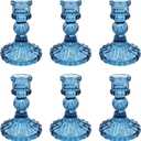 Glass Candlestick Holders Set of 6, Blue Stripe Taper Candle Holders for Table Centerpiece, Home Decorations, Valentine Day, Wedding and Party