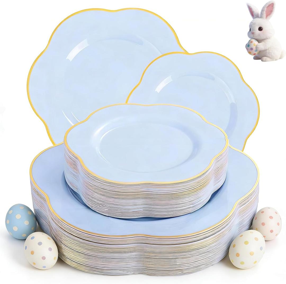Liacere 50PCS Blue Plastic Plates - Heavy Duty Ice Blue Disposable Plates - Blue and Gold Plastic Plates Include 25PCS Blue Dinner Plates, 25PCS Blue Dessert Plates for Easter Day