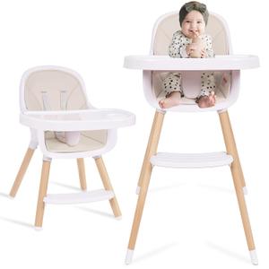 Convertible Baby High Chair, 3-in-1 Wooden Highchair/Toddler Chair with Removable Tray, 5-Point Harness, PU Cushion, Footrest for Babies & Toddlers, Beige