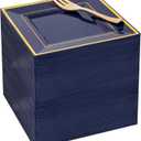 WDF 200PCS Blue Plastic Dessert Plates with Plastic Forks -6 100 Square Disposable Appetizer Plates Small Cake Plates with Gold&100 Navy Blue Small Appetizer Forks for Hanukkah