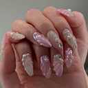 3 x Summer Press on Nails Medium Almond Fake Nails with 3D Pearl Water Ripple Design Seashell Glue on Nails Ombre Pink Nude False Nails Glossy Reusable Handmade Nails for Women Girls Manicure 24pcs