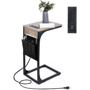 C Shaped End Table with Charging Station, Couch Side Table with Storage Pocket, Slide Under Couch Sofa Table Tray, Greige