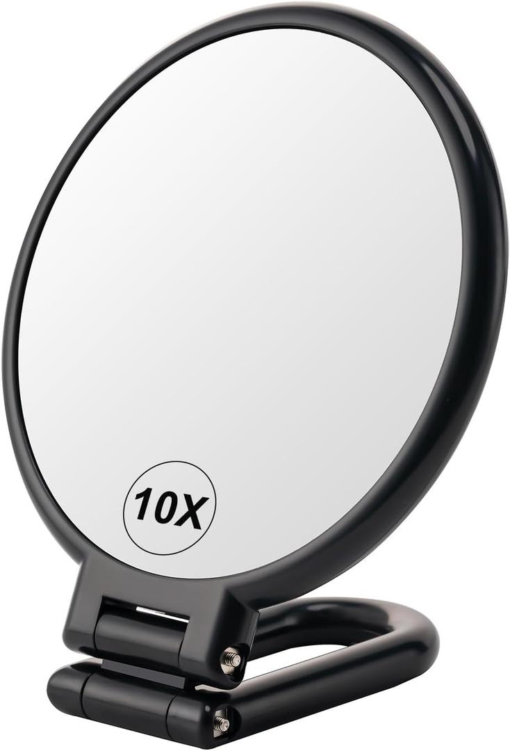 BOOMIBOO 1X/10X Magnifying Handheld Mirror Double Sided, Foldable Travel Makeup Mirror, Adjustable Rotation Pedestal Hand/Hanging/Desk Vanity Mirror-Black